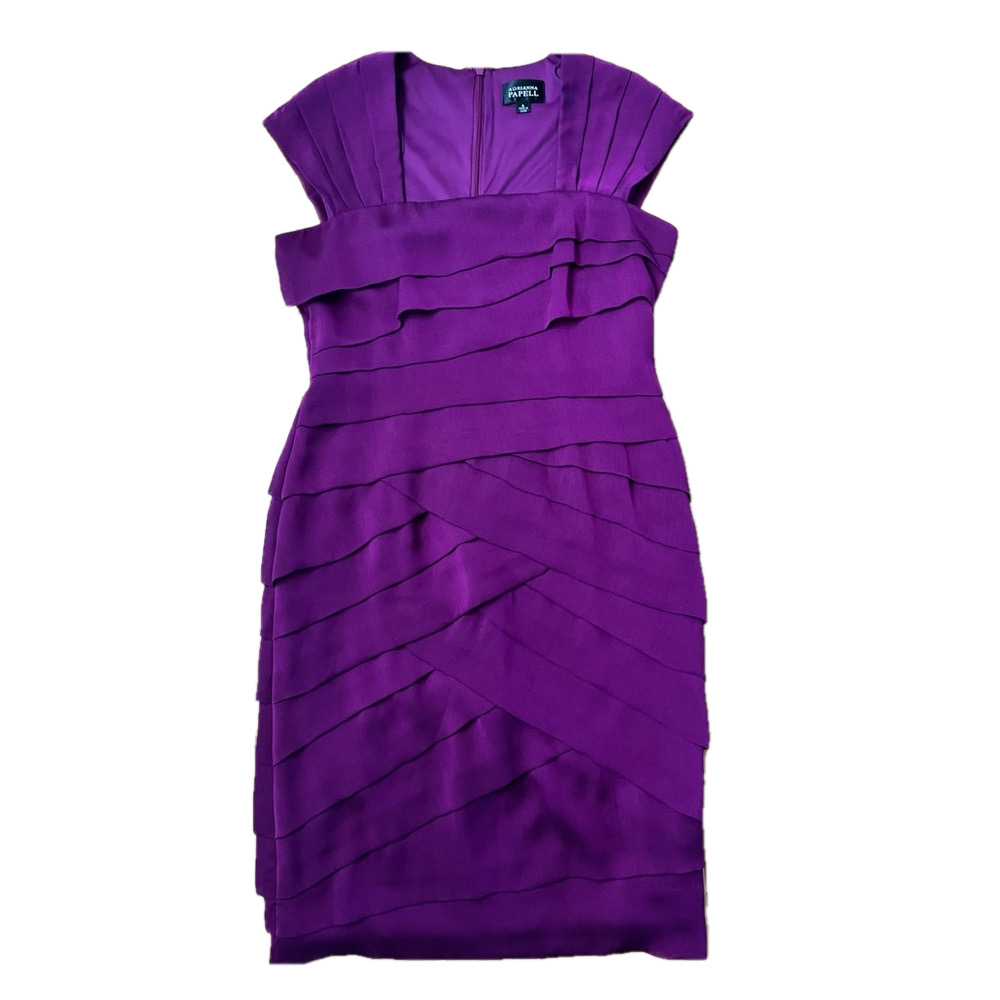 Adriana Papell shimmering sleeveless purple tiered cocktail midi dress size 8